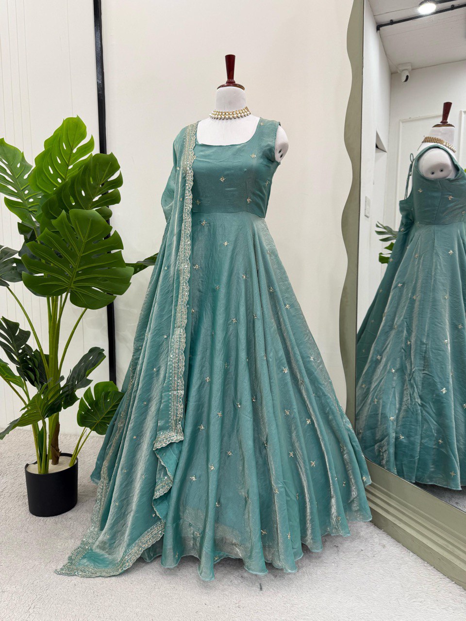 Blue fandy silk thread  with sequence top pant and dupatta set
