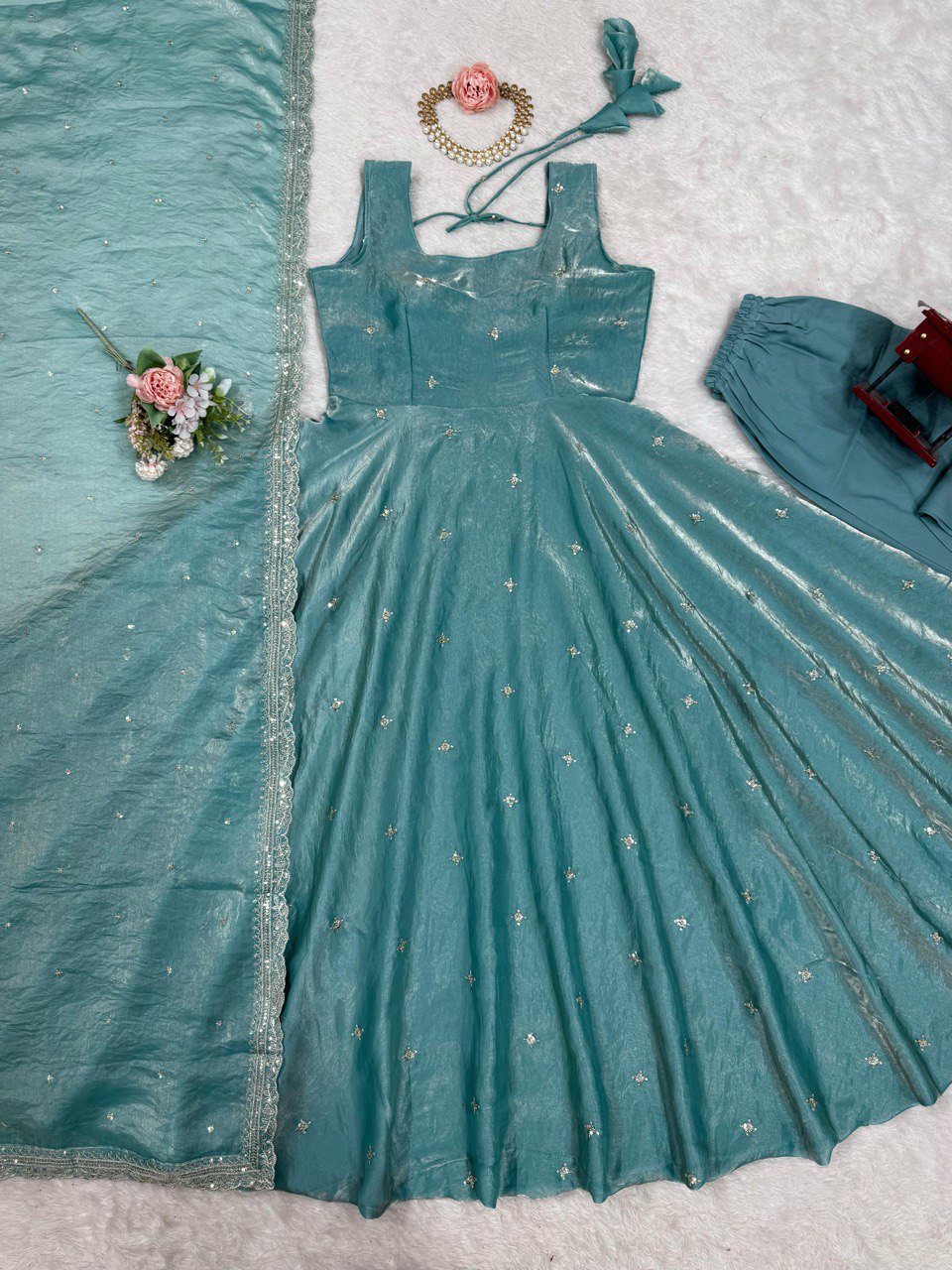 Blue fandy silk thread  with sequence top pant and dupatta set
