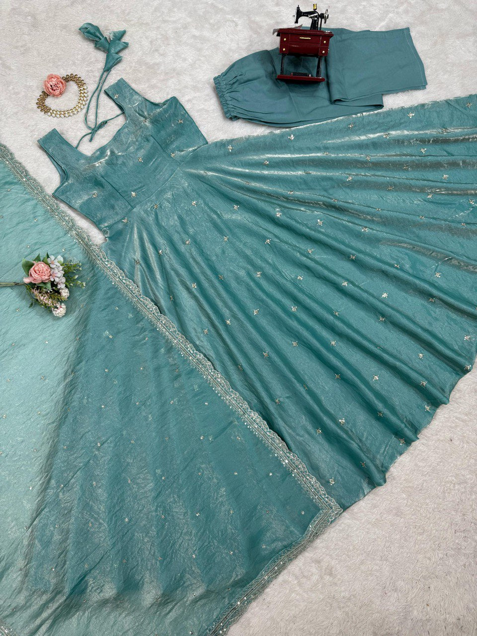 Blue fandy silk thread  with sequence top pant and dupatta set