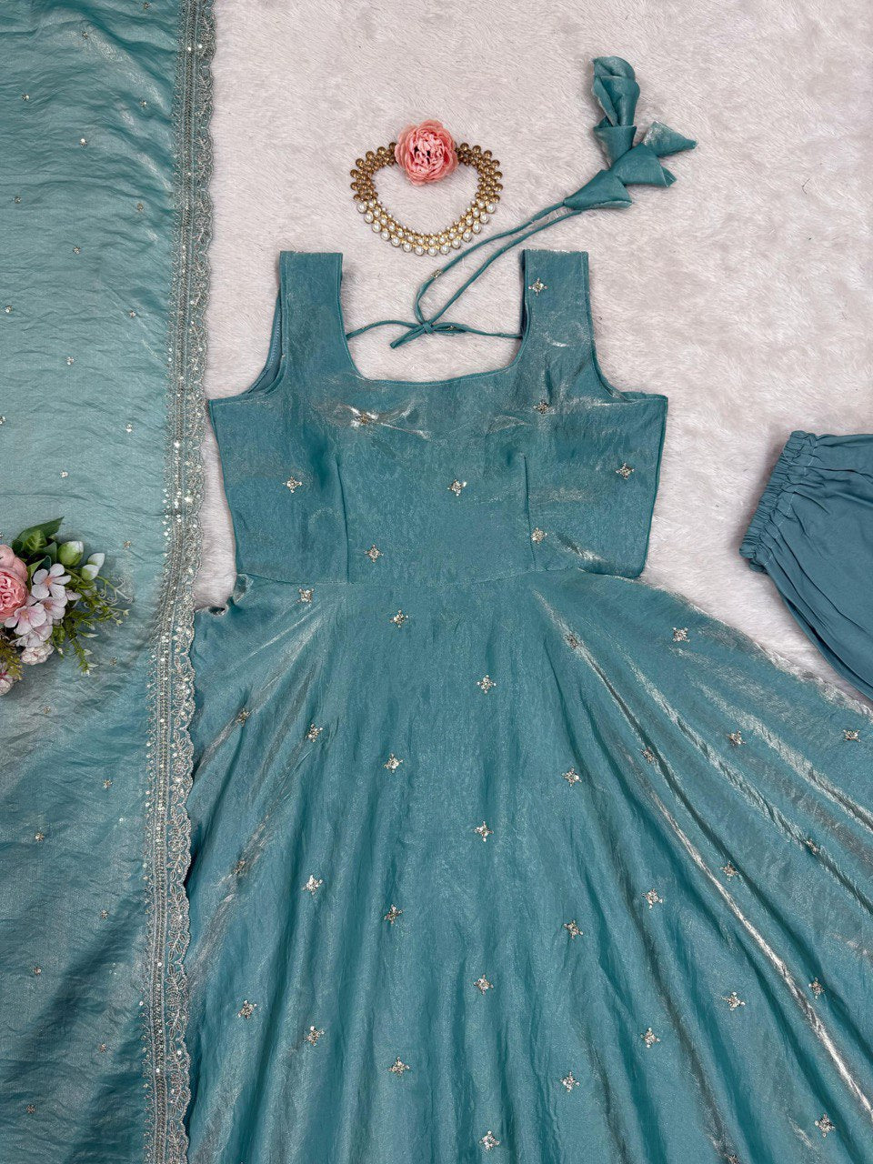 Blue fandy silk thread  with sequence top pant and dupatta set