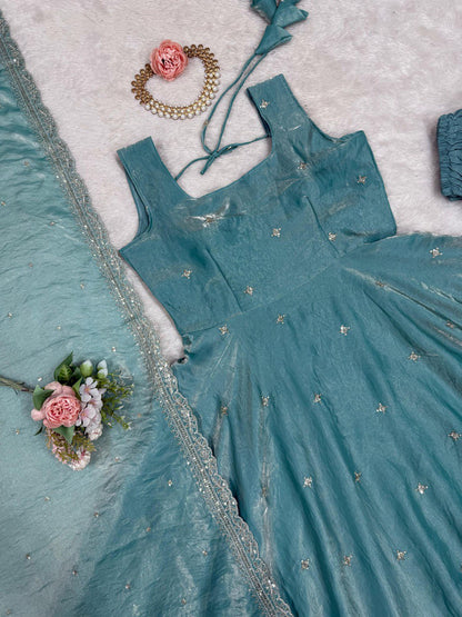 Blue fandy silk thread  with sequence top pant and dupatta set