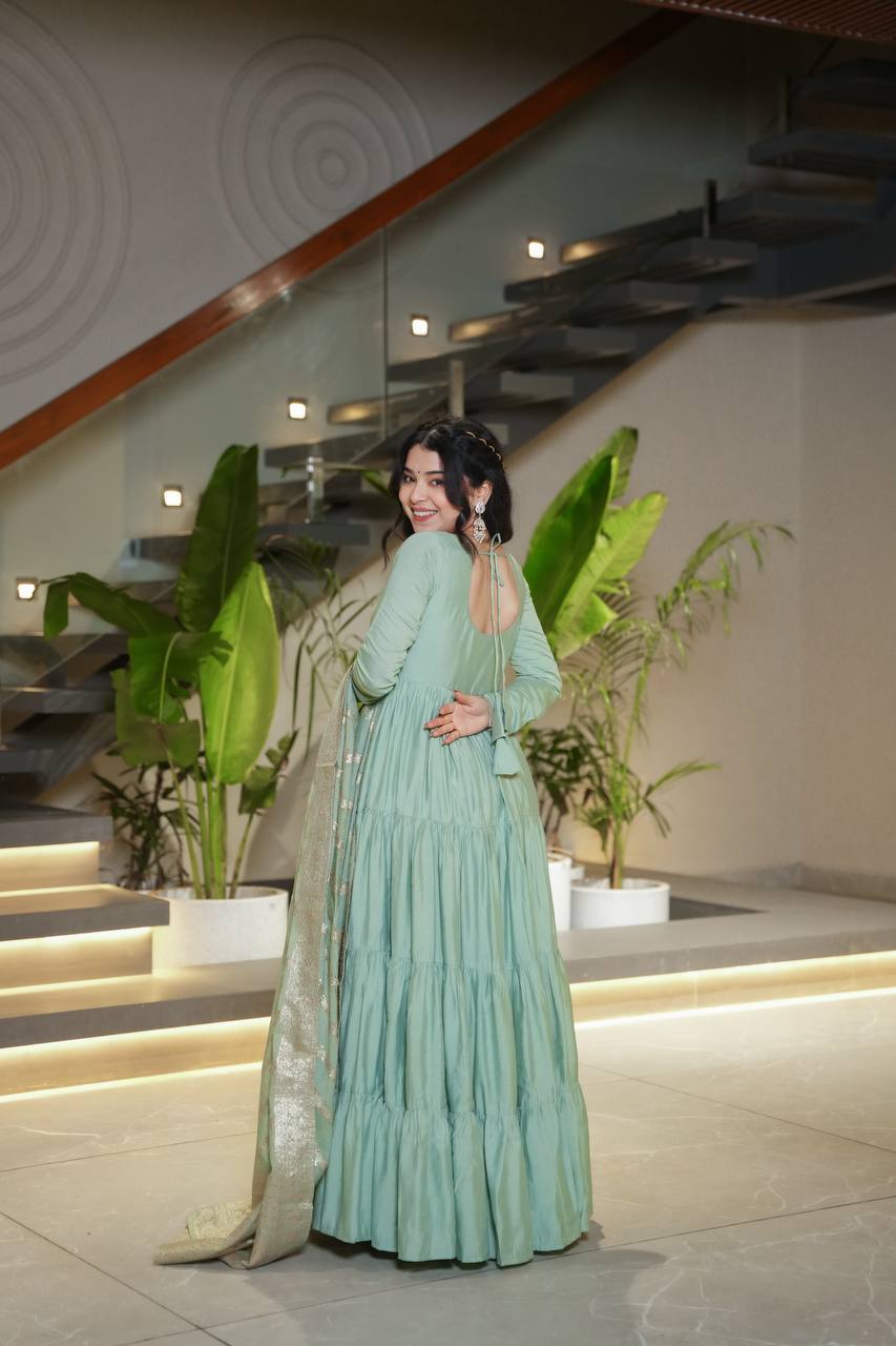 Sage Green Full Flair Anarkali with Dupatta Set