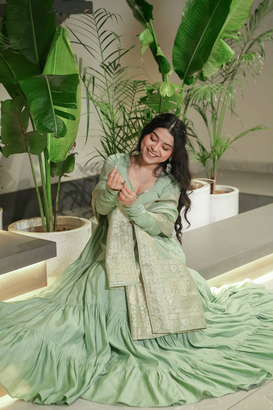 Sage Green Full Flair Anarkali with Dupatta Set
