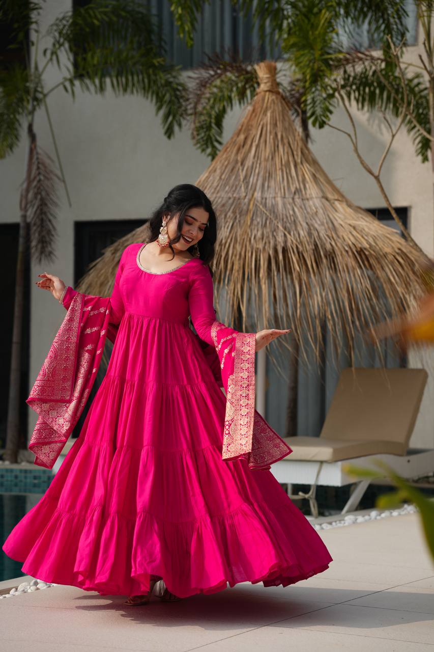 Rani Pink Anarkali Tiered Set with Silk Dupatta
