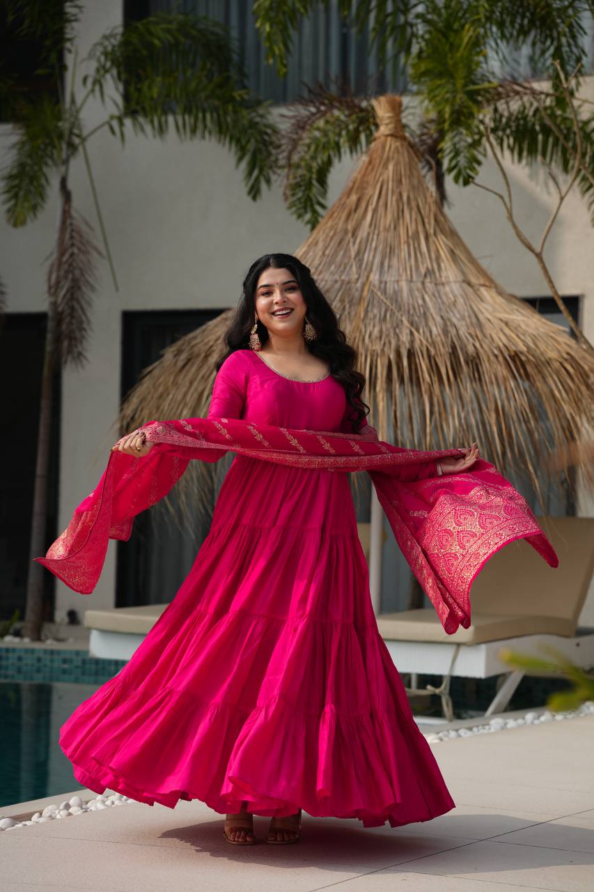 Rani Pink Anarkali Tiered Set with Silk Dupatta