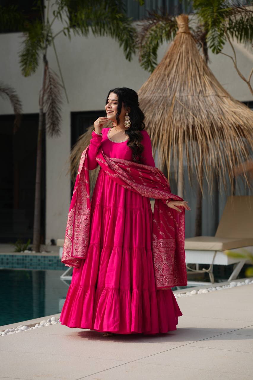 Rani Pink Anarkali Tiered Set with Silk Dupatta