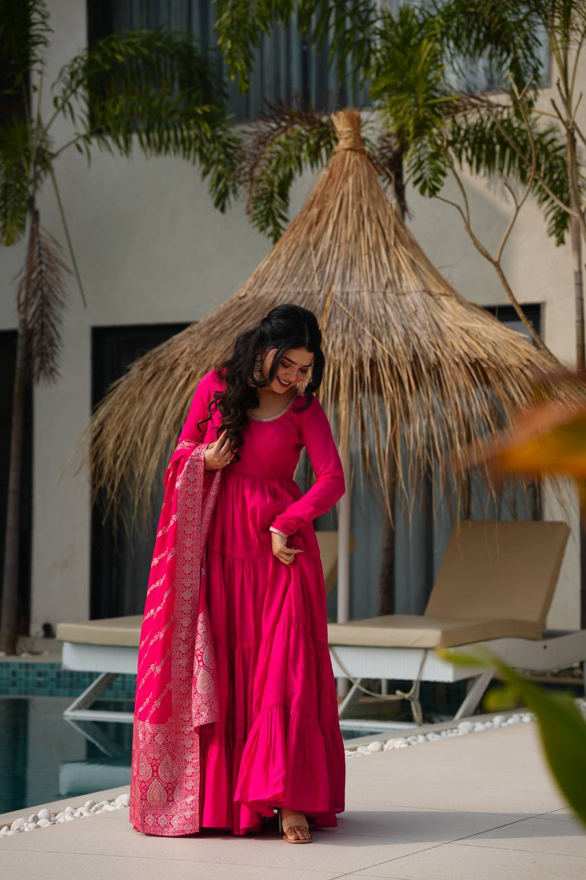 Rani Pink Anarkali Tiered Set with Silk Dupatta