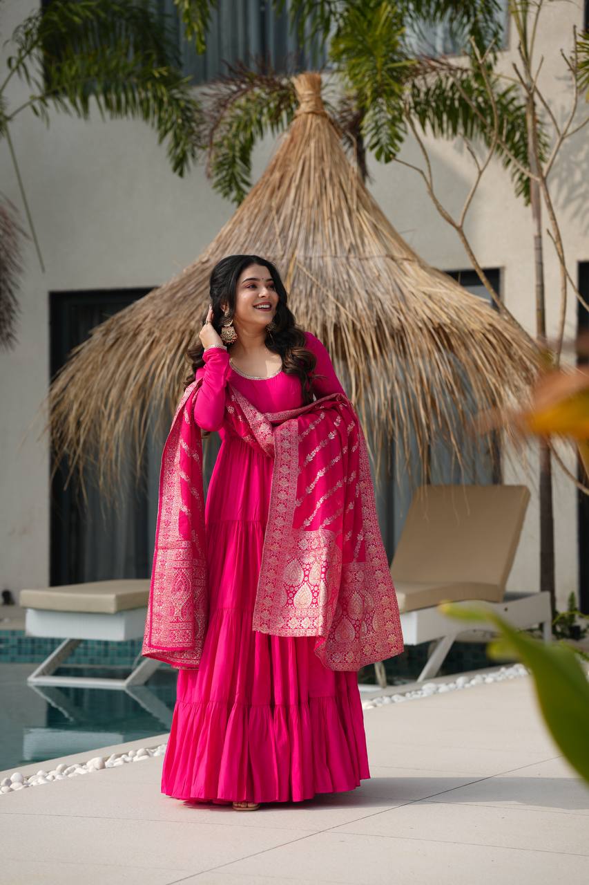 Rani Pink Anarkali Tiered Set with Silk Dupatta