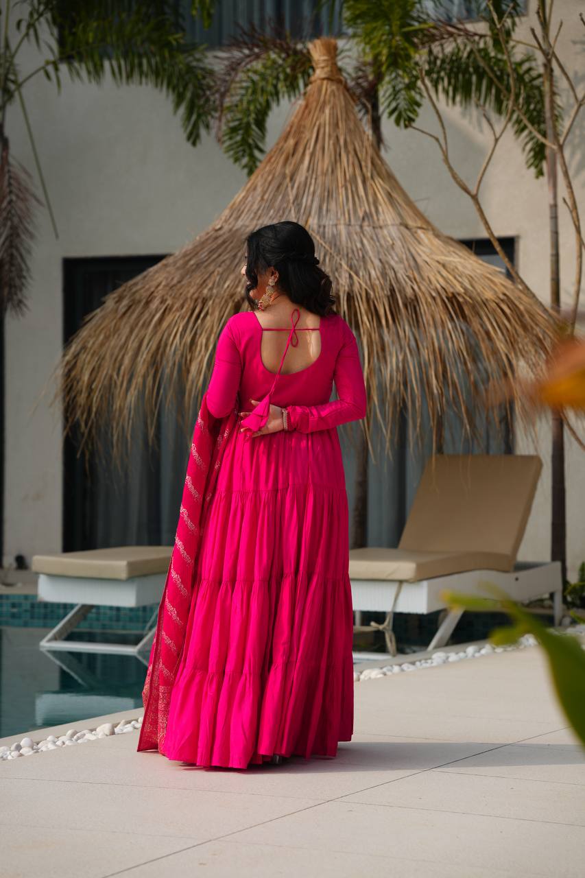 Rani Pink Anarkali Tiered Set with Silk Dupatta