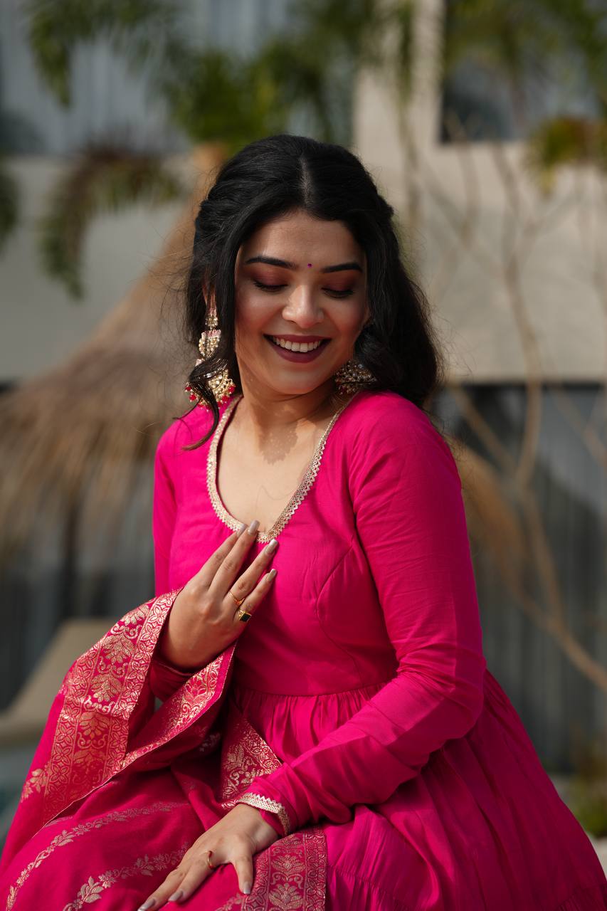 Rani Pink Anarkali Tiered Set with Silk Dupatta