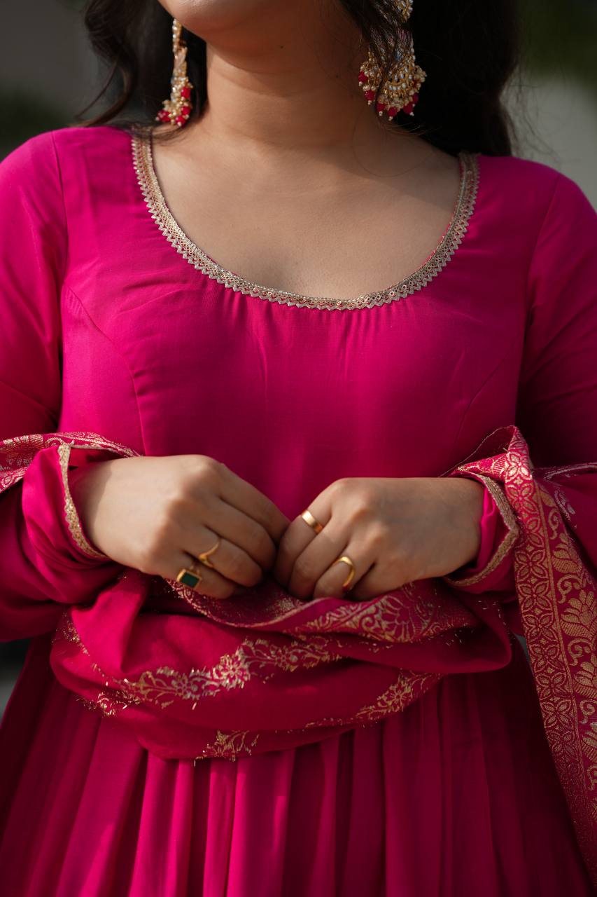 Rani Pink Anarkali Tiered Set with Silk Dupatta