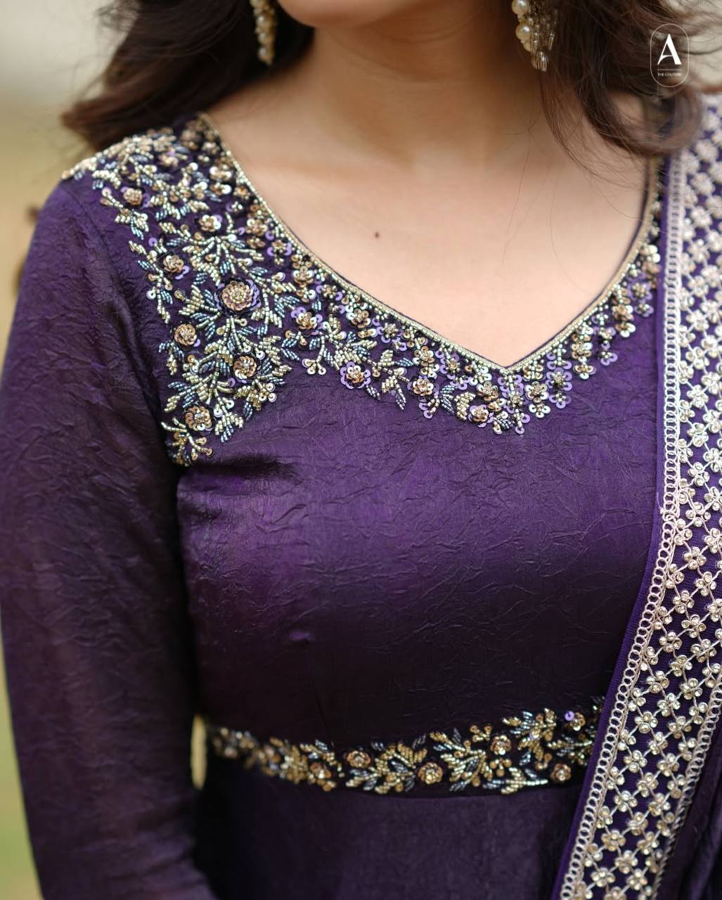 Purple crushed silk sequins embroidery work gown dupatta