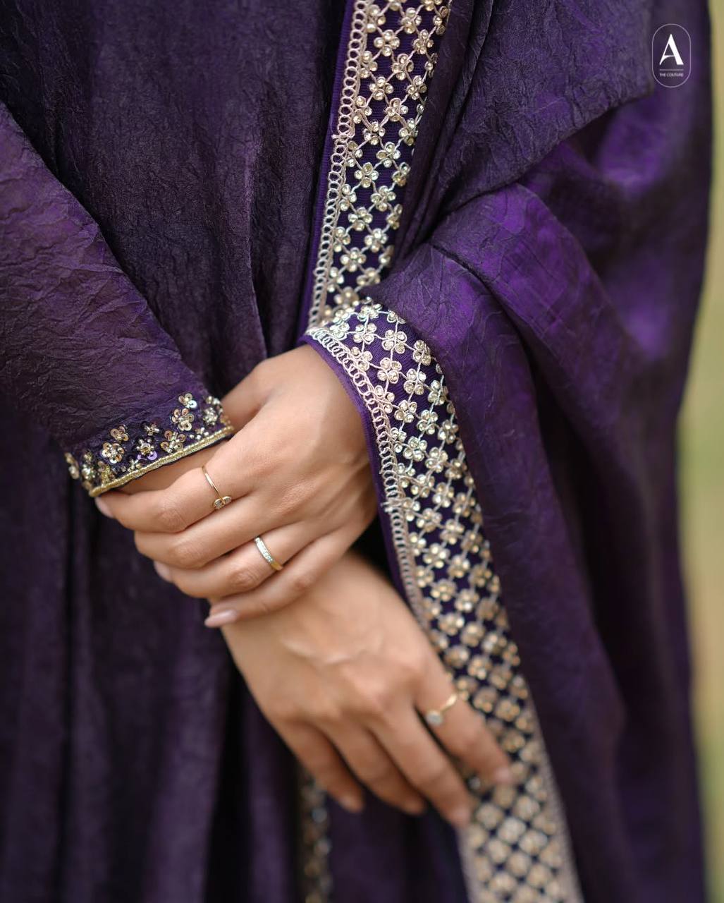 Purple crushed silk sequins embroidery work gown dupatta