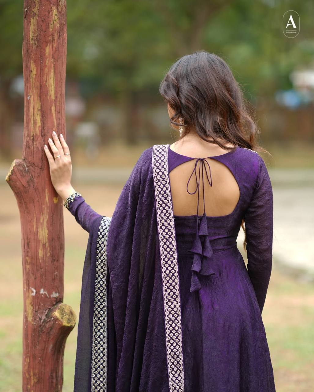 Purple crushed silk sequins embroidery work gown dupatta