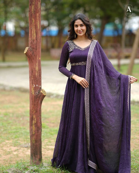 Purple crushed silk sequins embroidery work gown dupatta