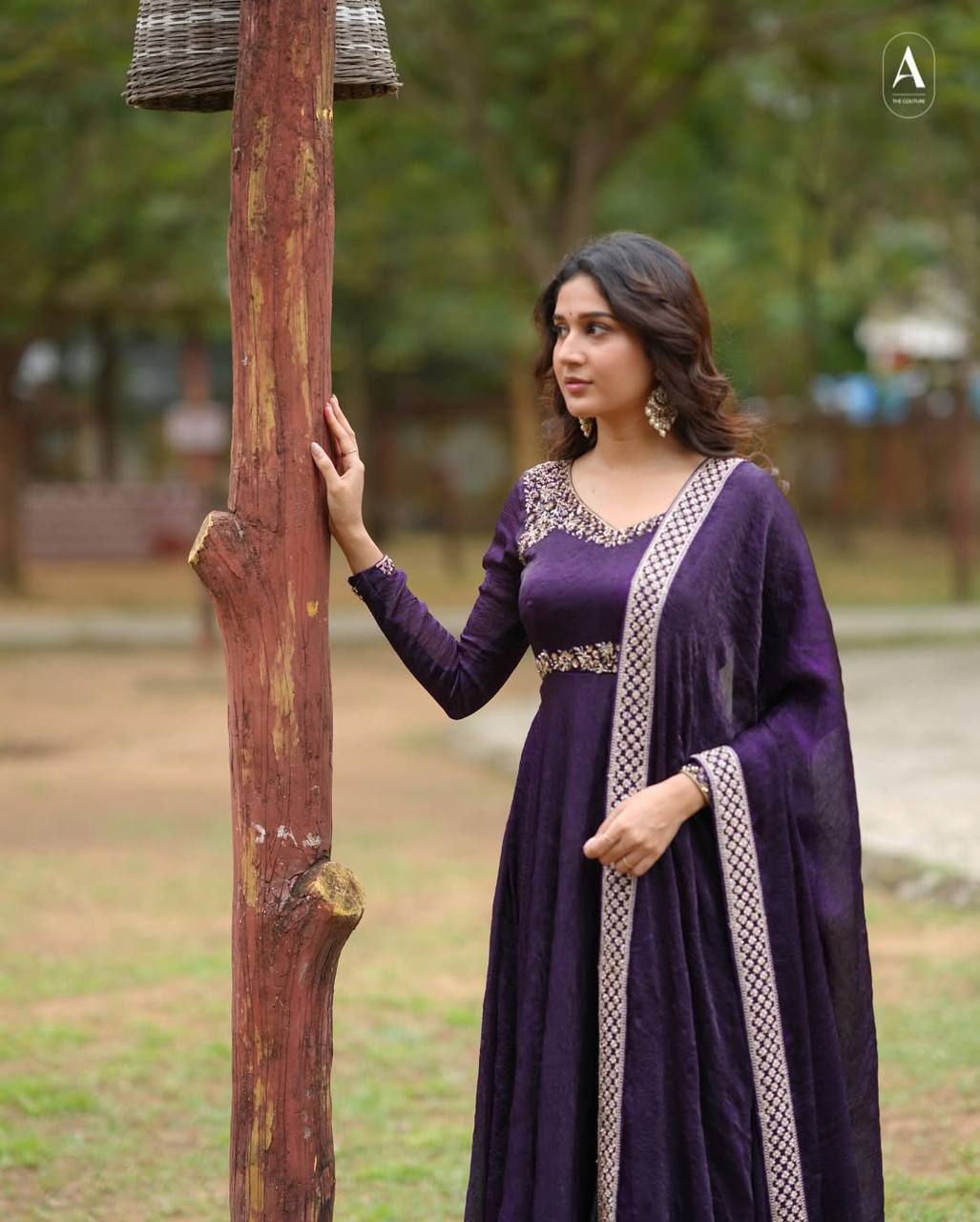 Purple crushed silk sequins embroidery work gown dupatta