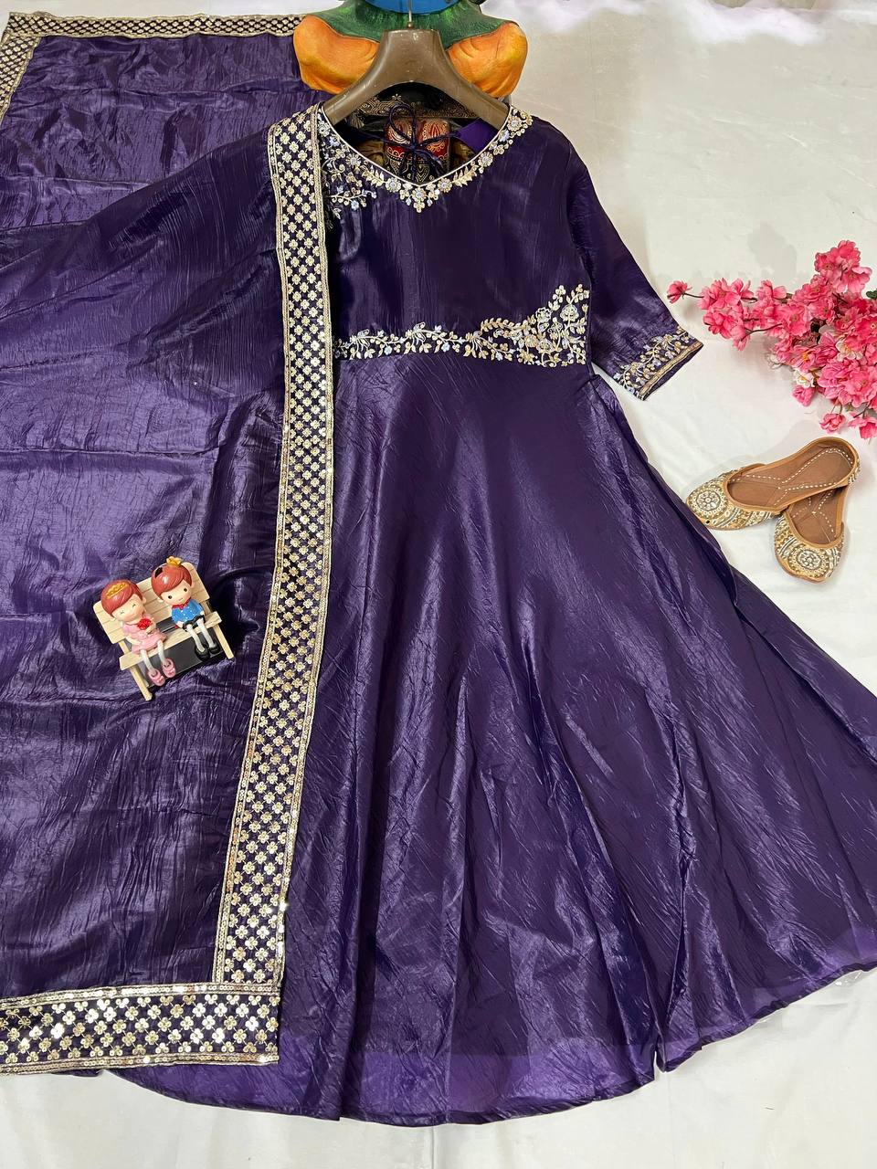 Purple crushed silk sequins embroidery work gown dupatta