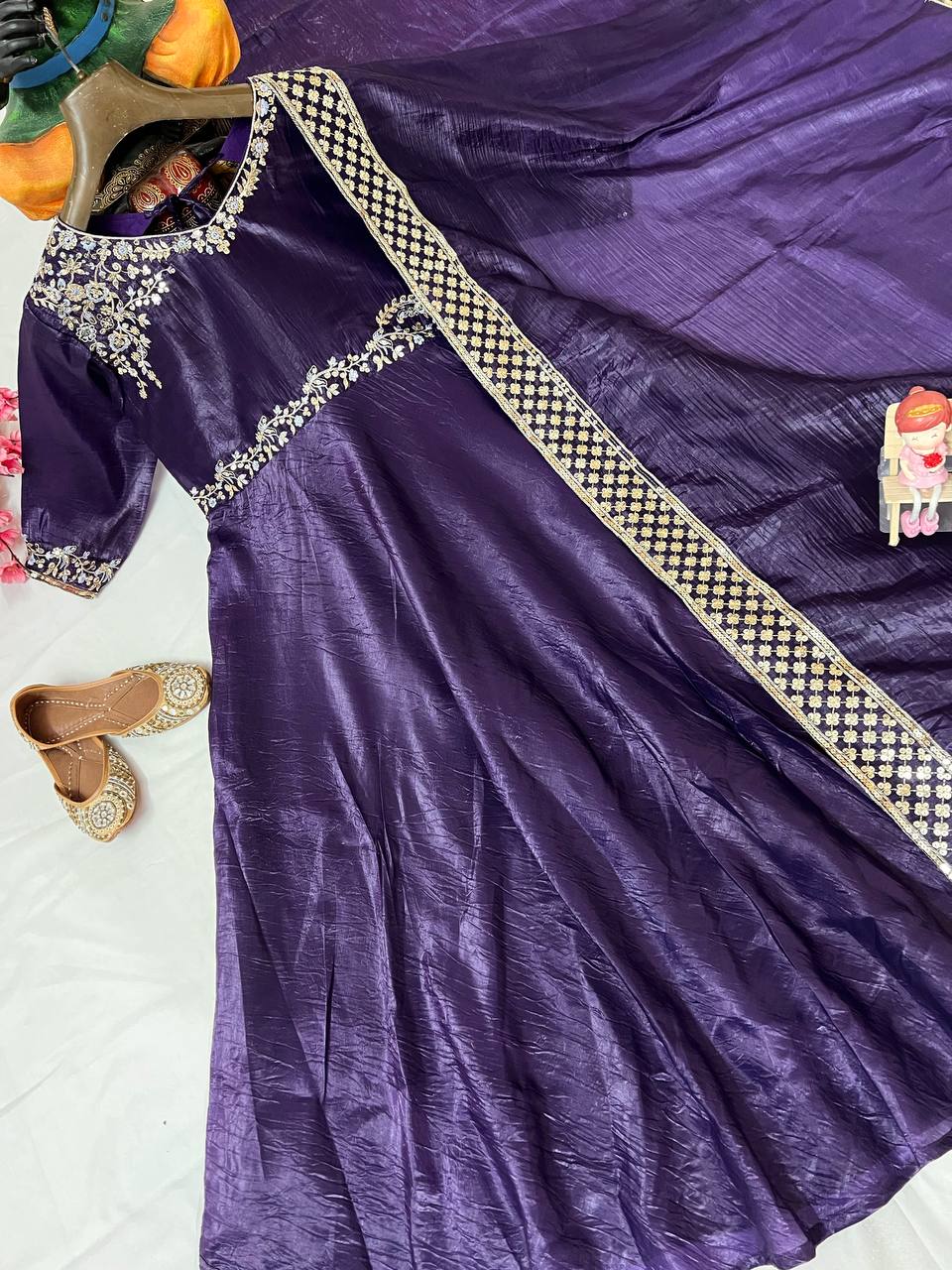 Purple crushed silk sequins embroidery work gown dupatta