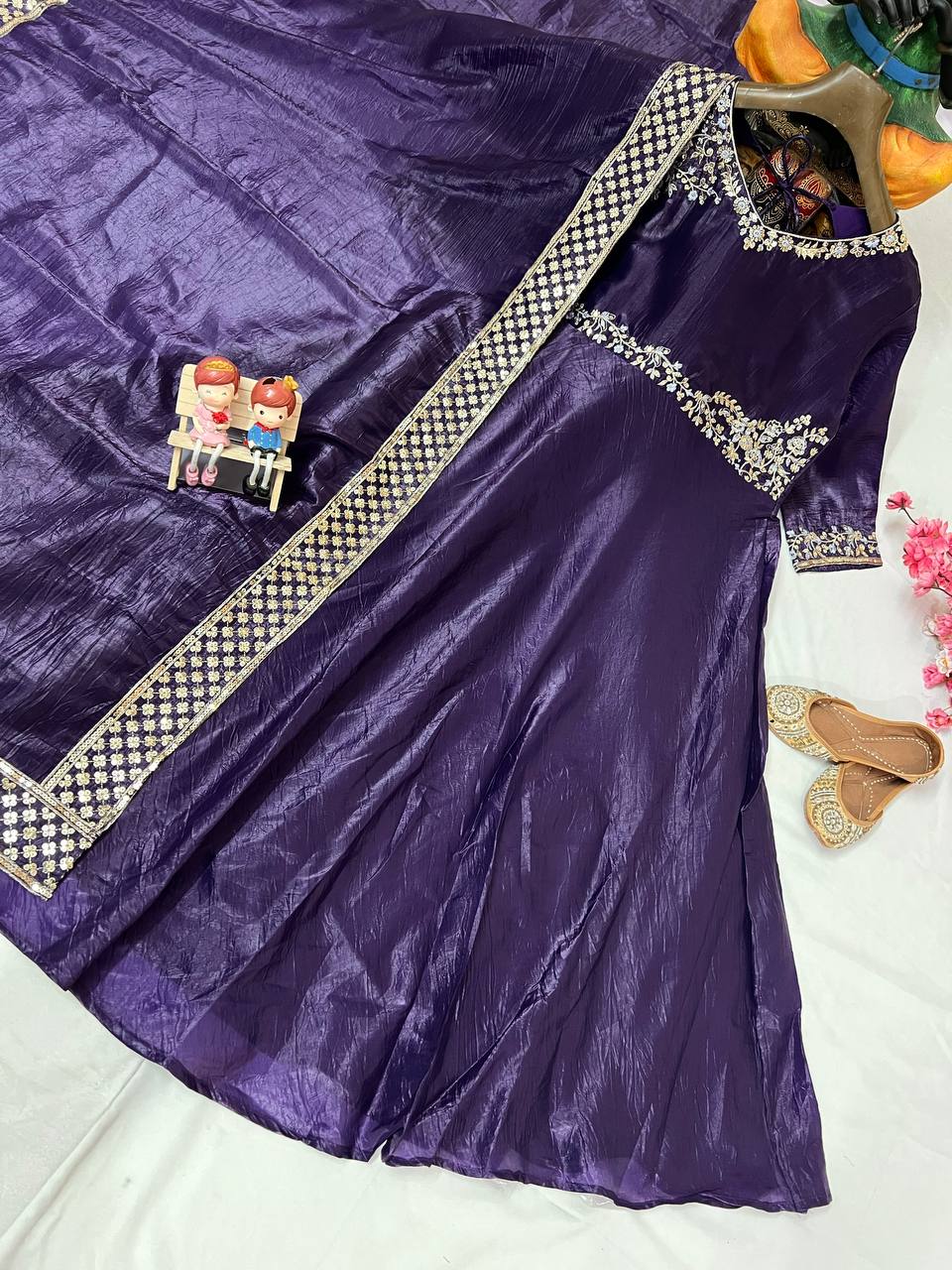 Purple crushed silk sequins embroidery work gown dupatta