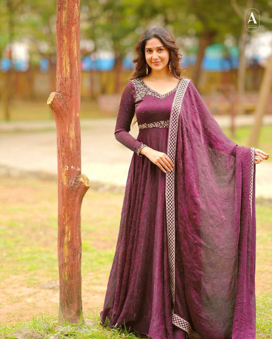 Rose gold crushed silk sequins embroidery work gown dupatta