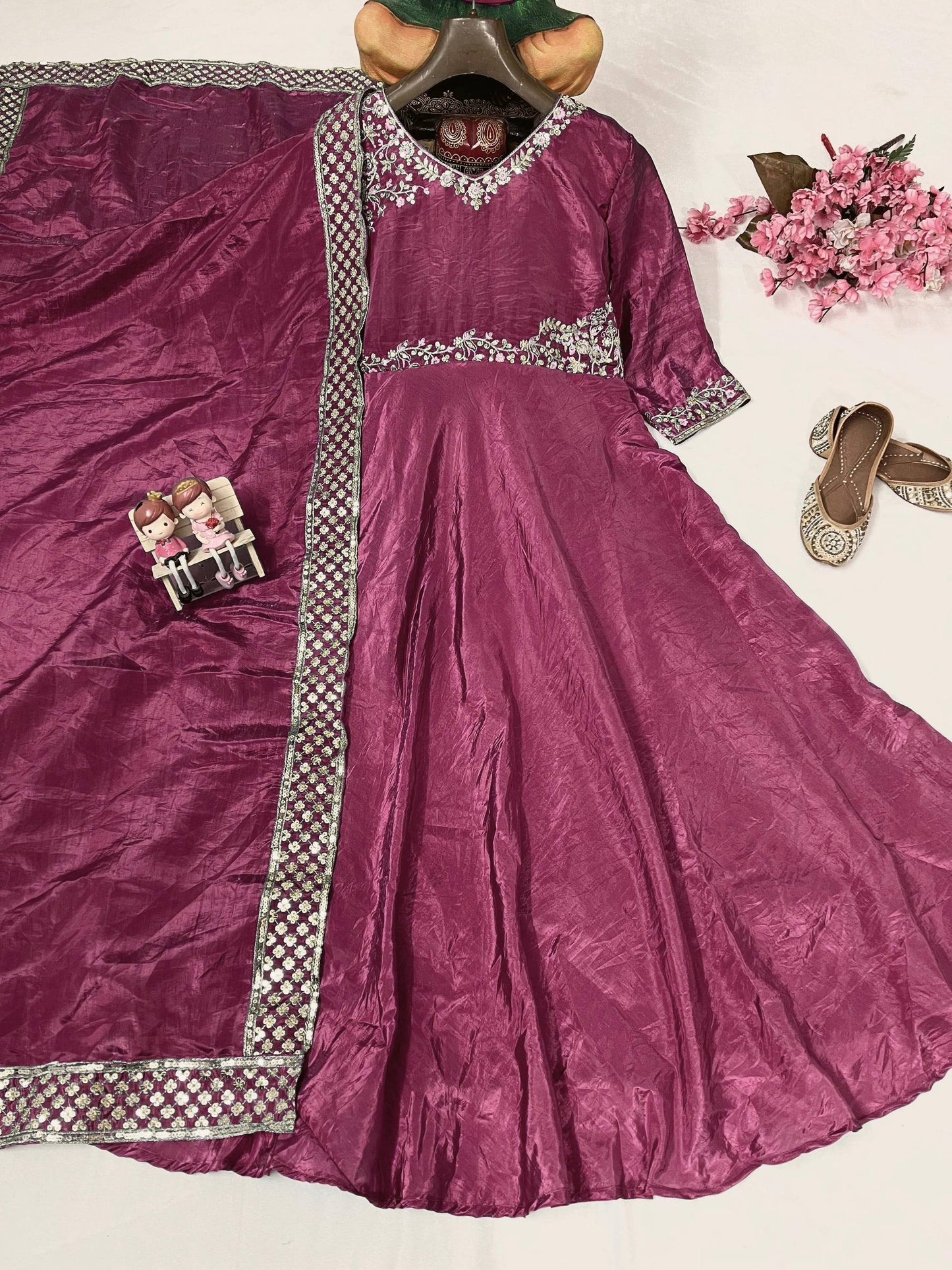 Rose gold crushed silk sequins embroidery work gown dupatta