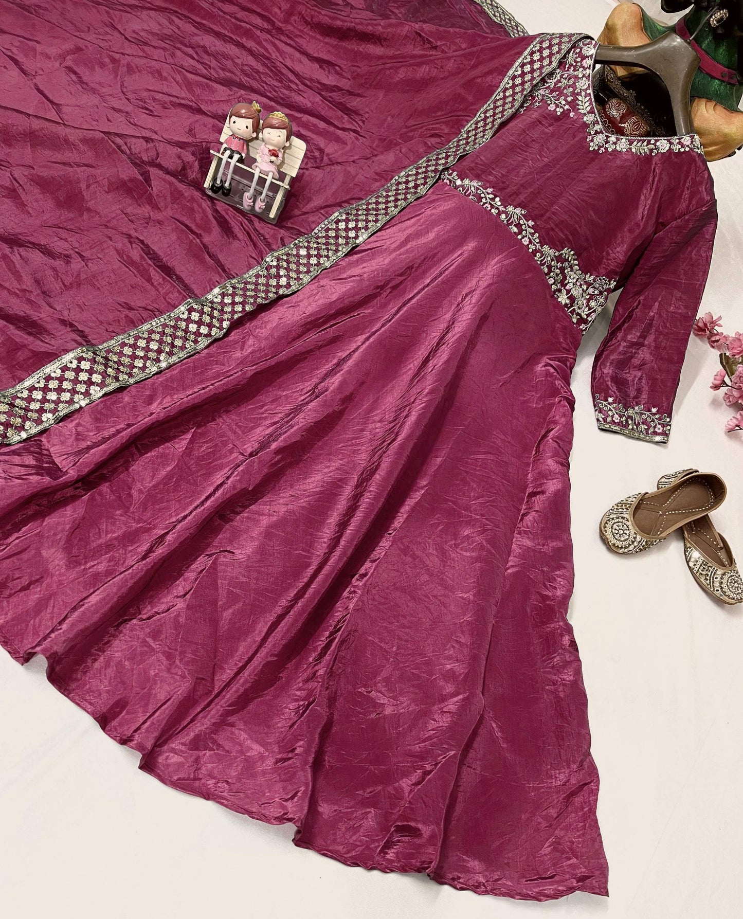 Rose gold crushed silk sequins embroidery work gown dupatta