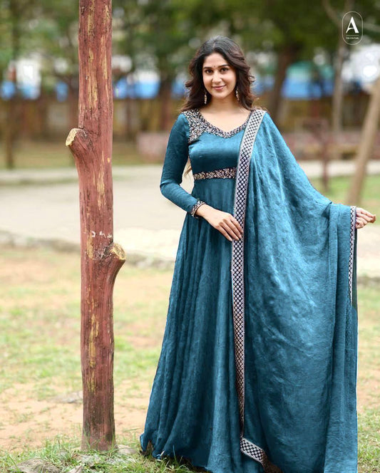 Sky blue crushed silk sequins embroidery work gown dupatta