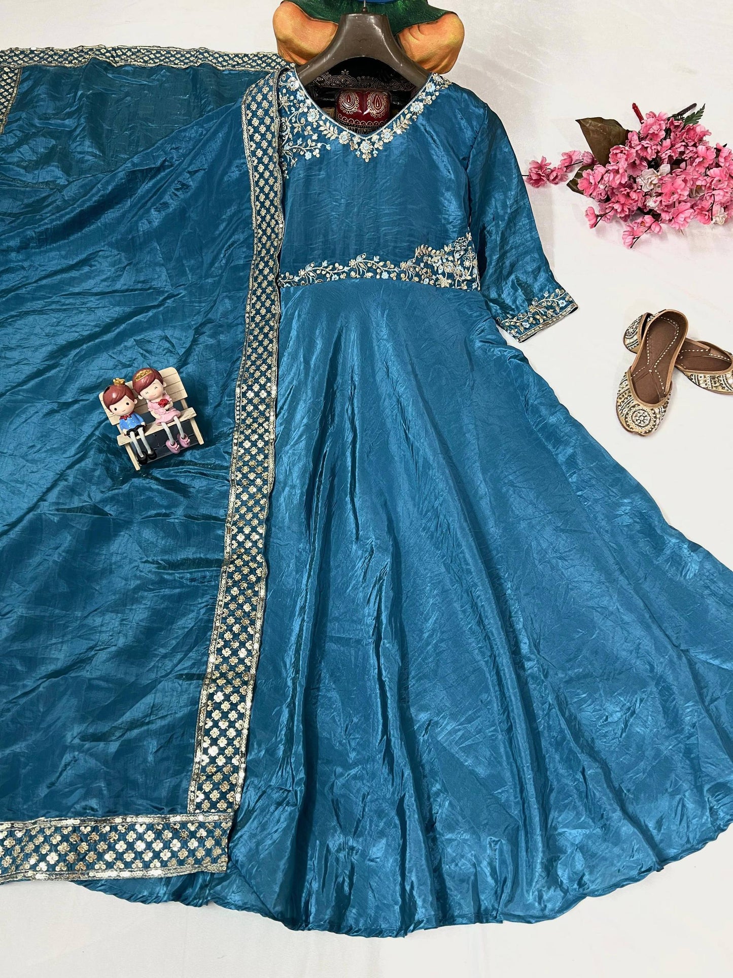 Sky blue crushed silk sequins embroidery work gown dupatta