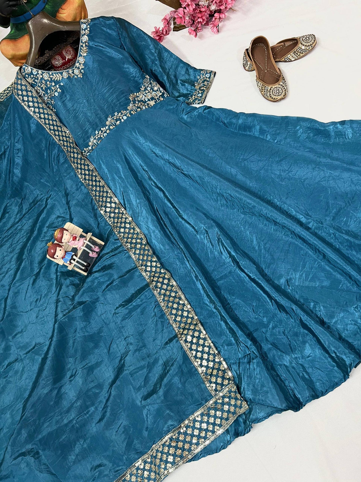 Sky blue crushed silk sequins embroidery work gown dupatta