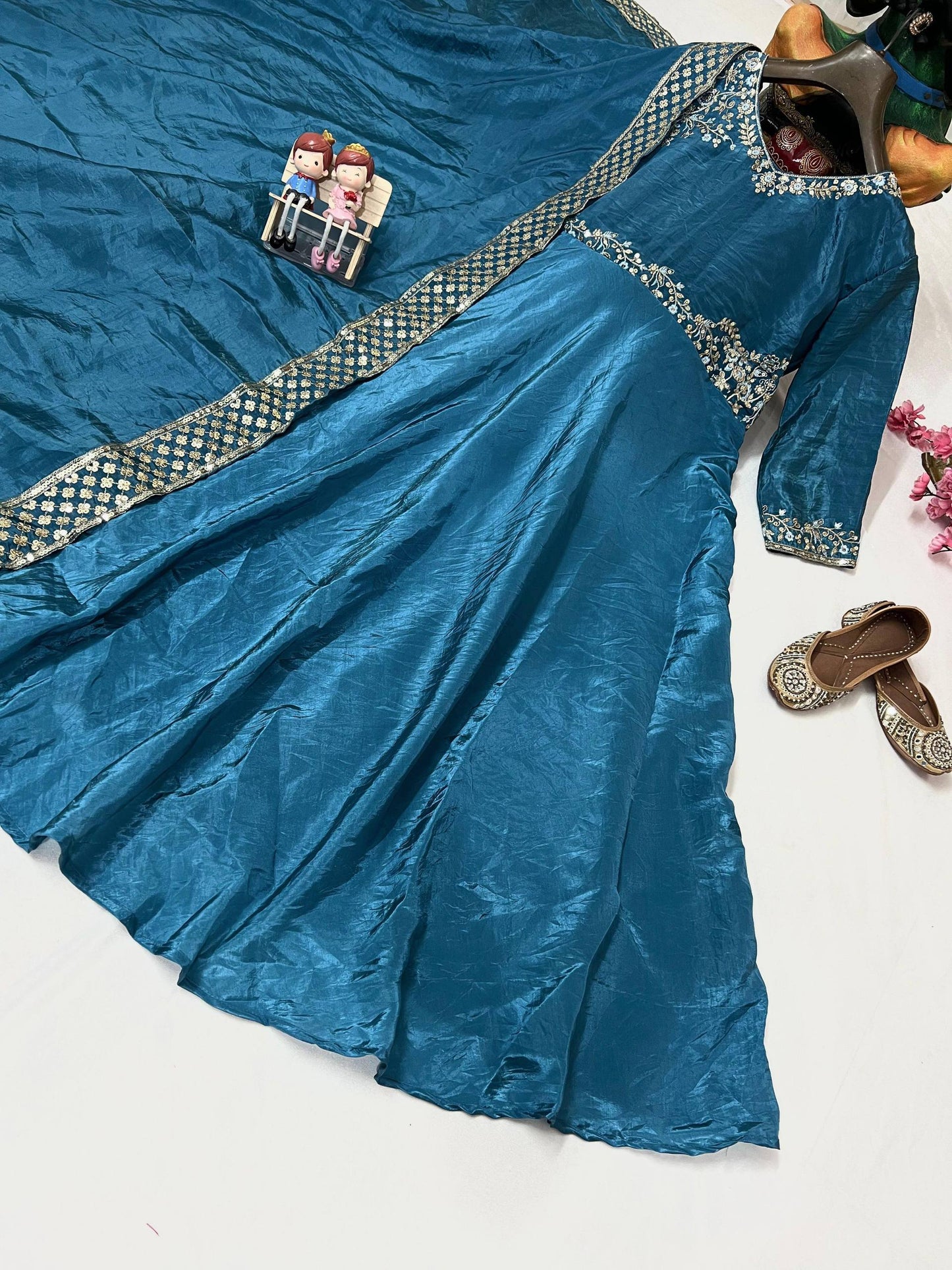 Sky blue crushed silk sequins embroidery work gown dupatta