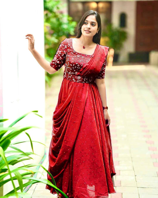 Red georgette sequins zari & thread embroidery work gown attached dupatta & belt