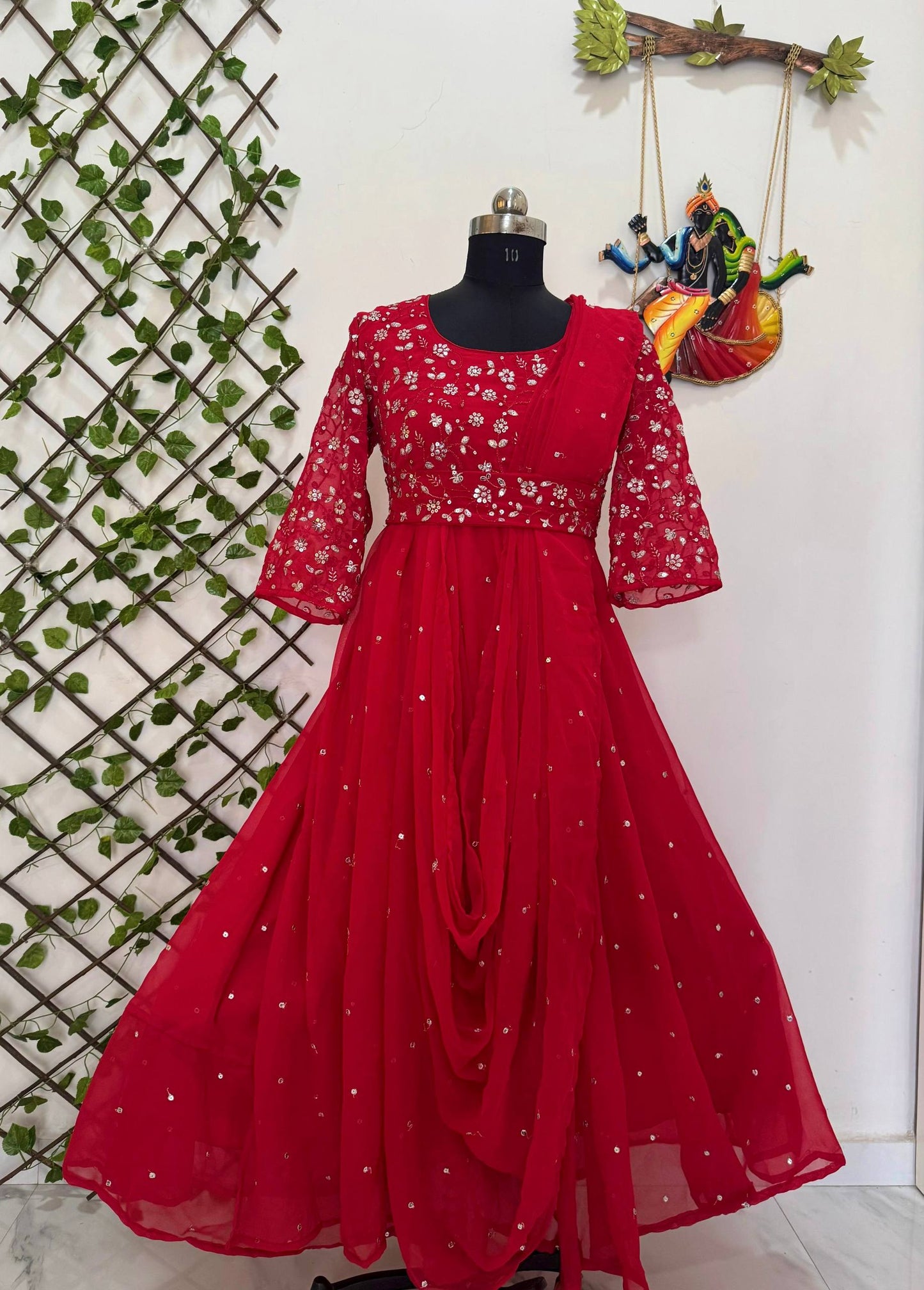 Red georgette sequins zari & thread embroidery work gown attached dupatta & belt