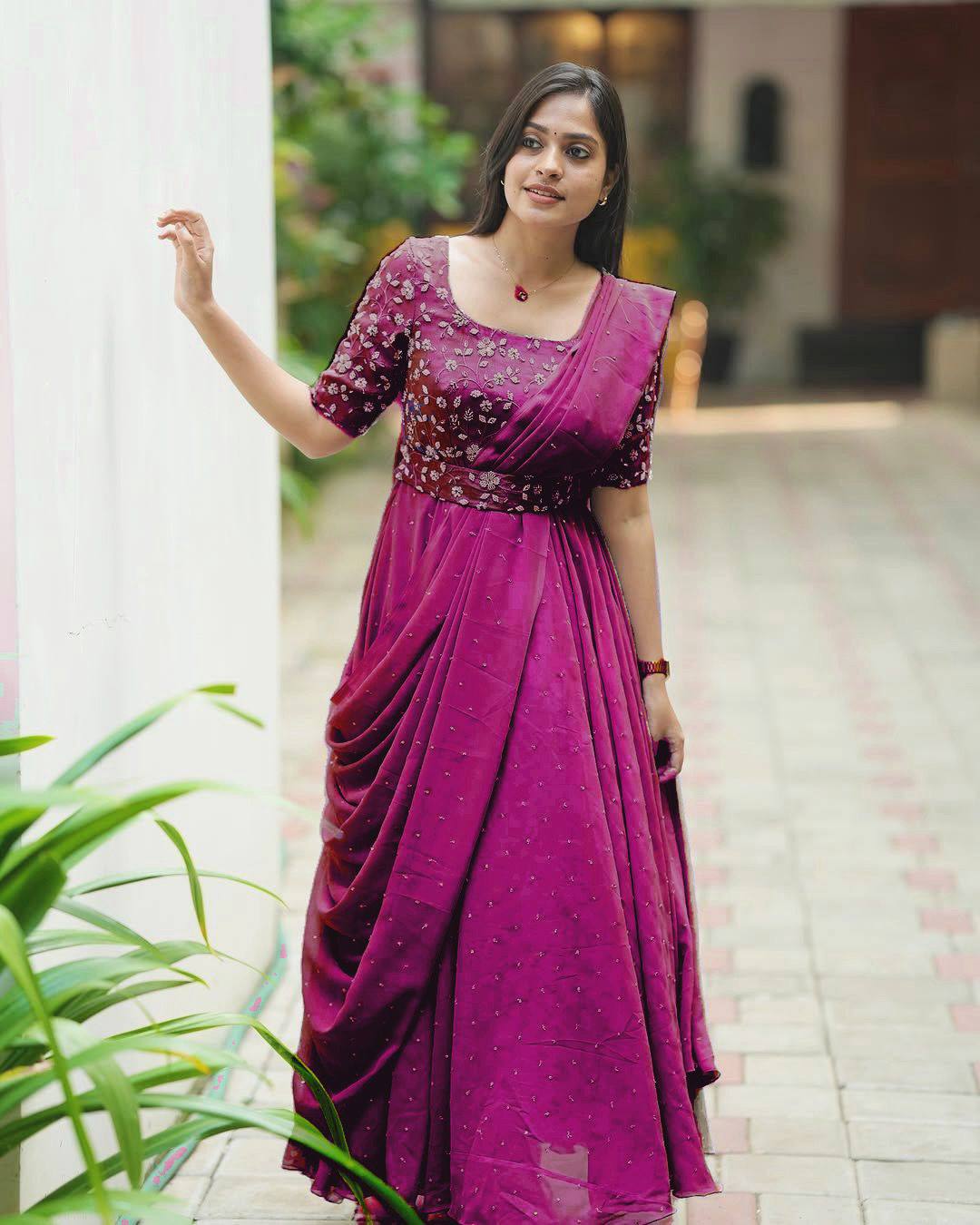 Purple georgette sequins zari & thread embroidery work gown attached dupatta & belt