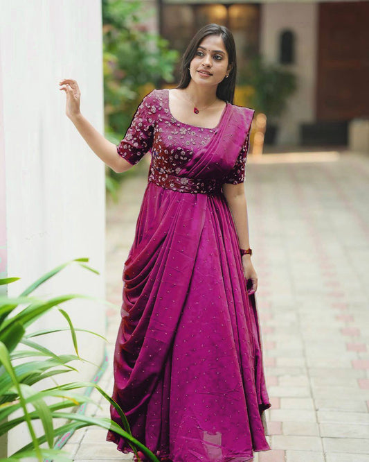 Purple georgette sequins zari & thread embroidery work gown attached dupatta & belt