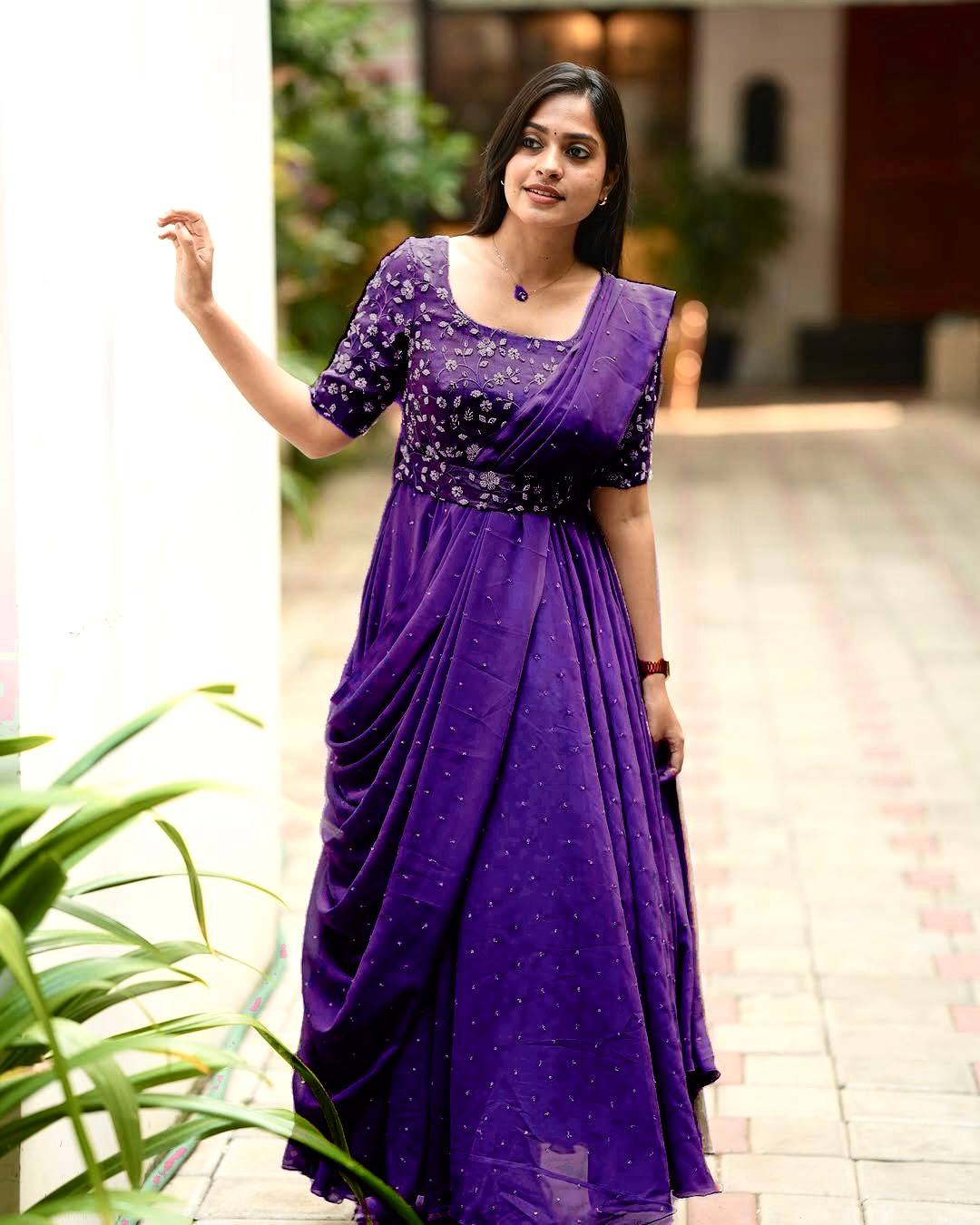 Navy blue georgette sequins zari & thread embroidery work gown attached dupatta & belt
