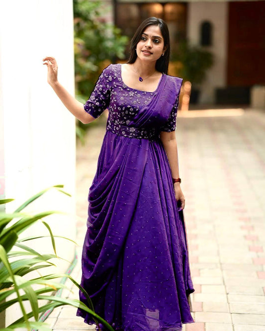 Navy blue georgette sequins zari & thread embroidery work gown attached dupatta & belt