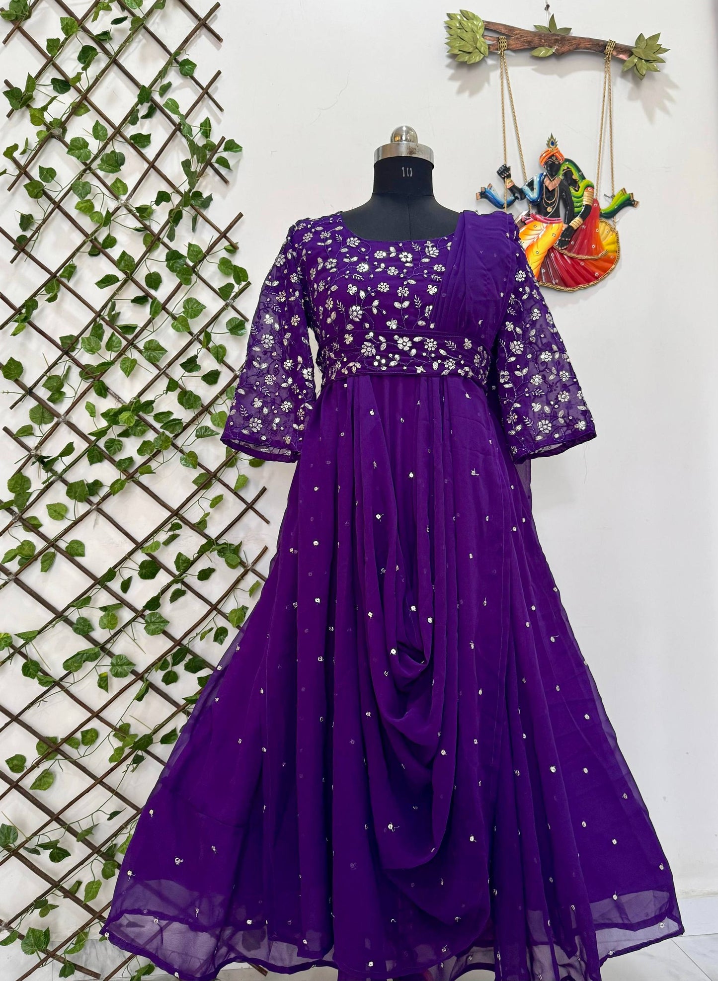 Navy blue georgette sequins zari & thread embroidery work gown attached dupatta & belt