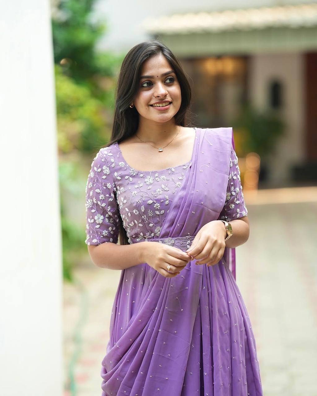 Light purple georgette sequins zari & thread embroidery work gown attached dupatta & belt