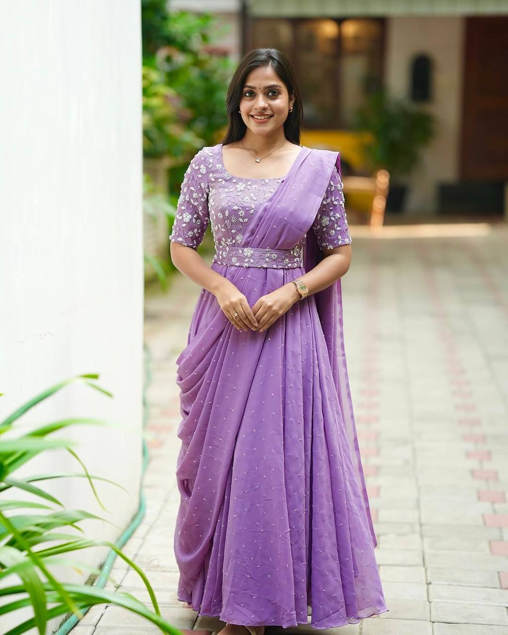Light purple georgette sequins zari & thread embroidery work gown attached dupatta & belt