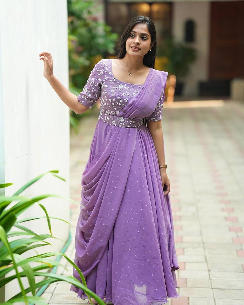 Light purple georgette sequins zari & thread embroidery work gown attached dupatta & belt