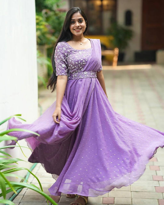 Light purple georgette sequins zari & thread embroidery work gown attached dupatta & belt