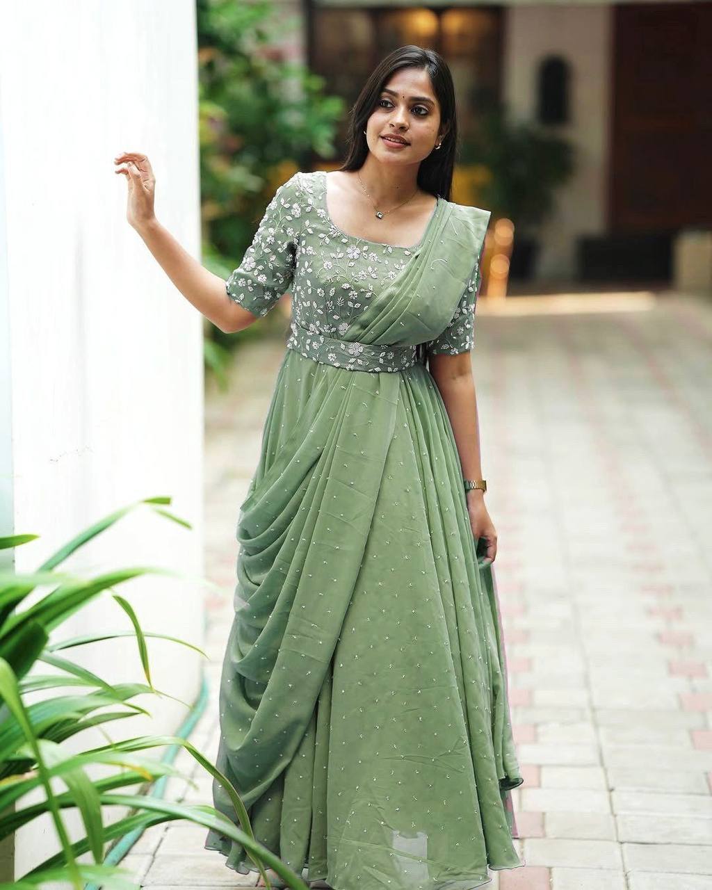 Pista georgette sequence zari & thread embroidery work gown attached dupatta & belt