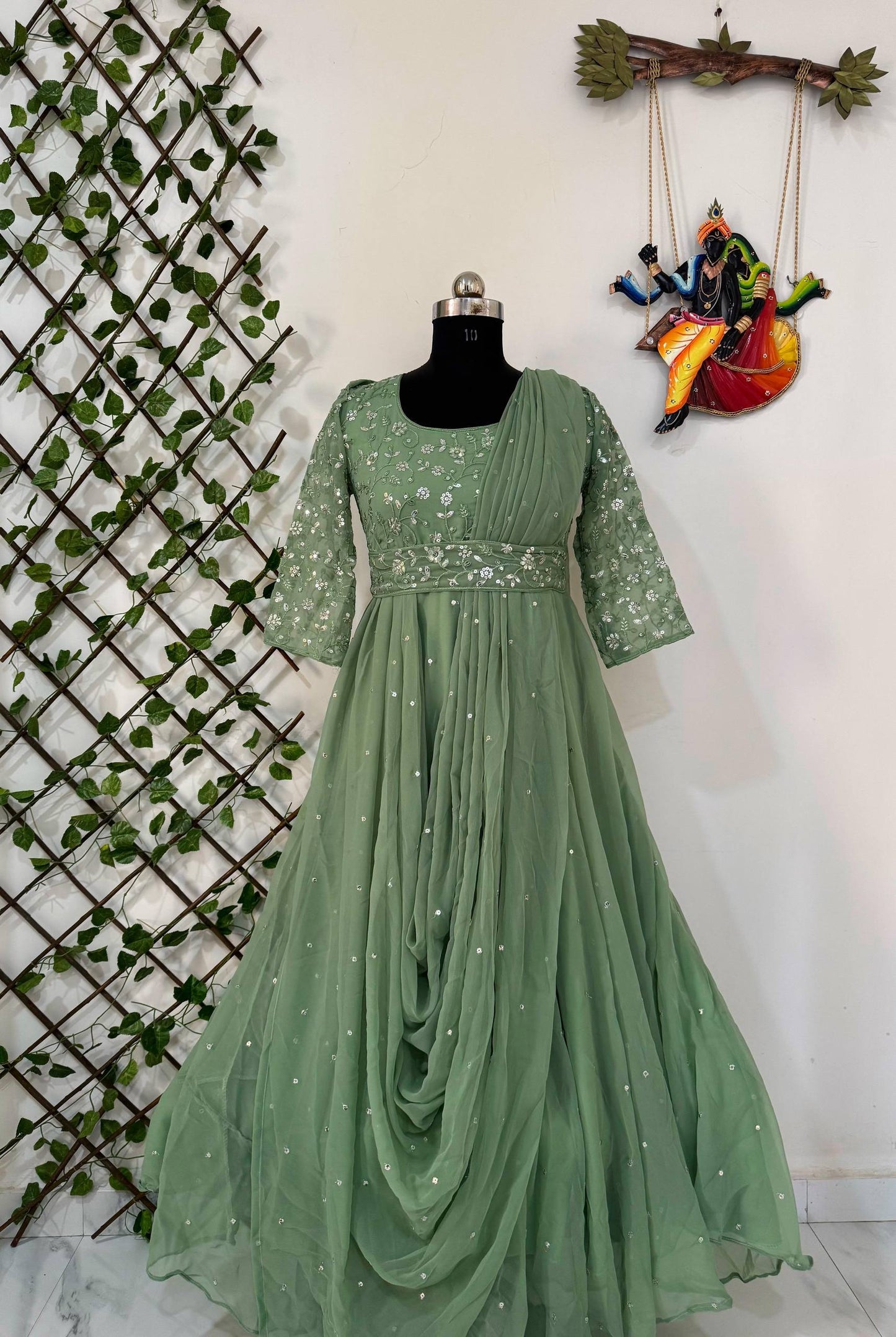 Pista georgette sequence zari & thread embroidery work gown attached dupatta & belt