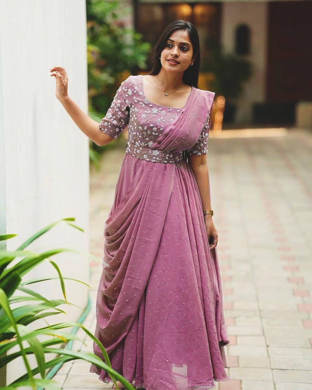 Rose gold georgette sequins zari & thread embroidery work gown attached dupatta & belt