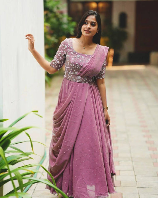Rose gold georgette sequins zari & thread embroidery work gown attached dupatta & belt