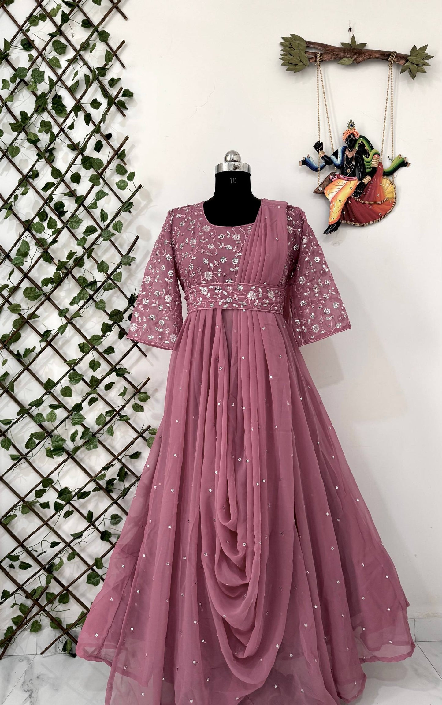 Rose gold georgette sequins zari & thread embroidery work gown attached dupatta & belt
