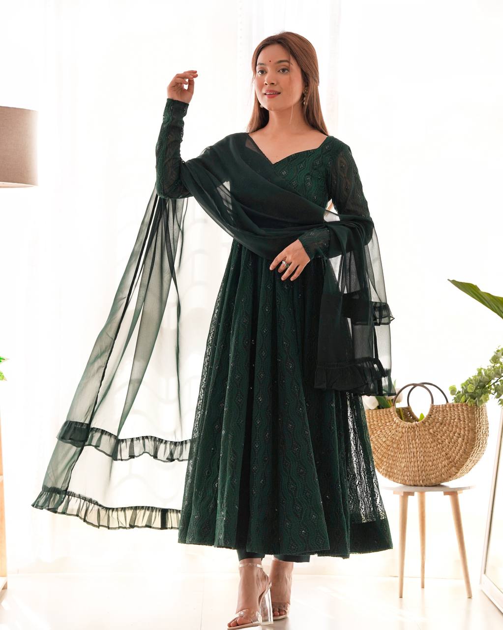 PURE SOFT FOX GEORGETTE LAHERIYA PRINT FABRIC FULLY FLAIR ANARKALI FULLY STTICHED GOWN READY TO WEAR