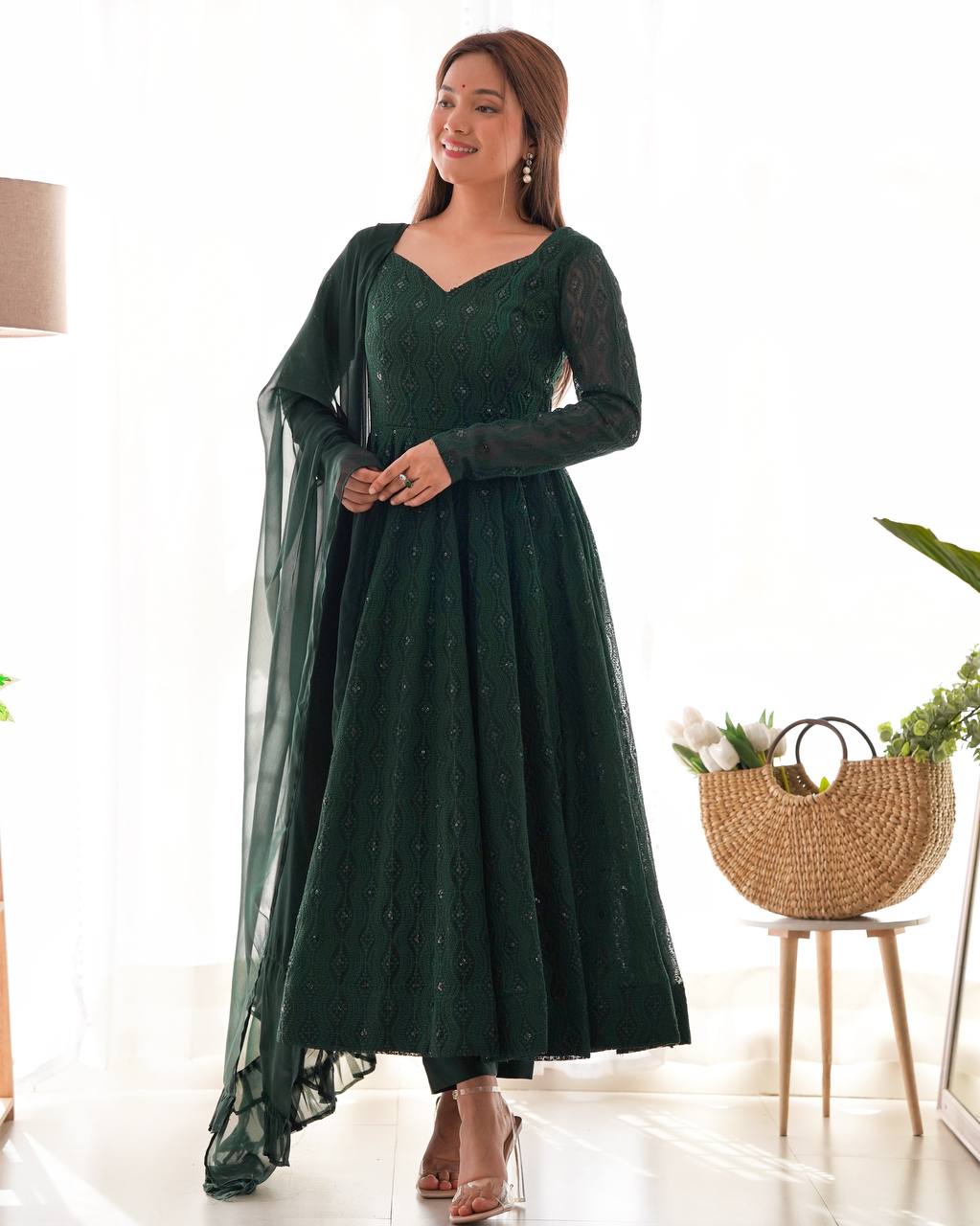 PURE SOFT FOX GEORGETTE LAHERIYA PRINT FABRIC FULLY FLAIR ANARKALI FULLY STTICHED GOWN READY TO WEAR