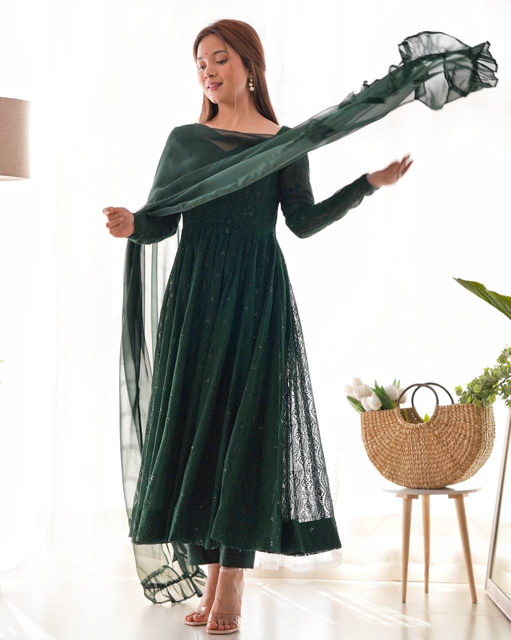 PURE SOFT FOX GEORGETTE LAHERIYA PRINT FABRIC FULLY FLAIR ANARKALI FULLY STTICHED GOWN READY TO WEAR