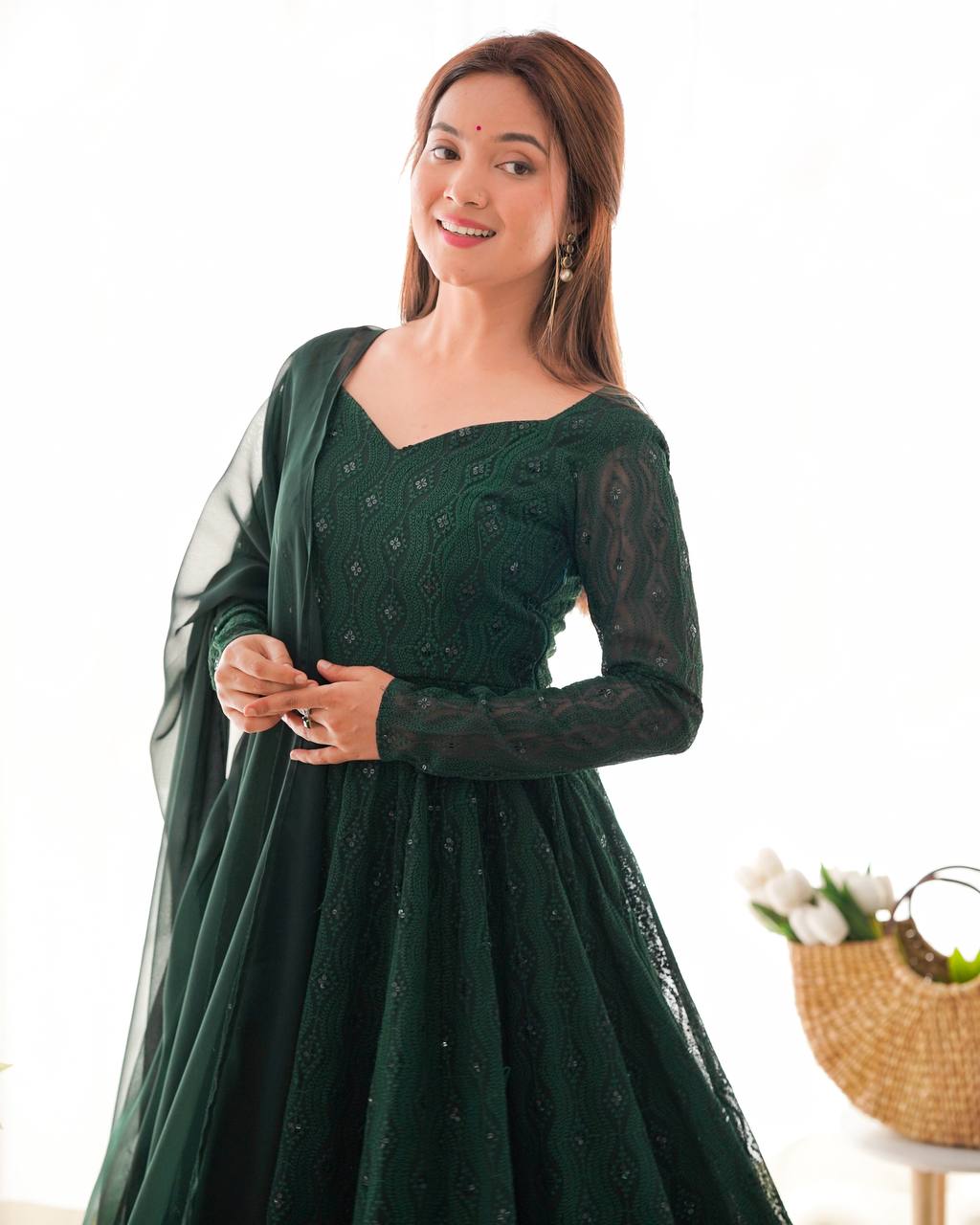 PURE SOFT FOX GEORGETTE LAHERIYA PRINT FABRIC FULLY FLAIR ANARKALI FULLY STTICHED GOWN READY TO WEAR
